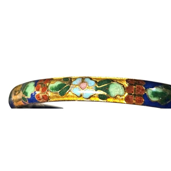 Vintage Bracelet Cloisonné Hinged Bangle Blue Gold Floral Design 2.5" Diameter - Picture 1 of 13